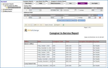 Generates a copy of the report within the tool allowing assessment of the report before exporting it. Use the toolbar within the report to navigate between result pages, export, and refresh the data.